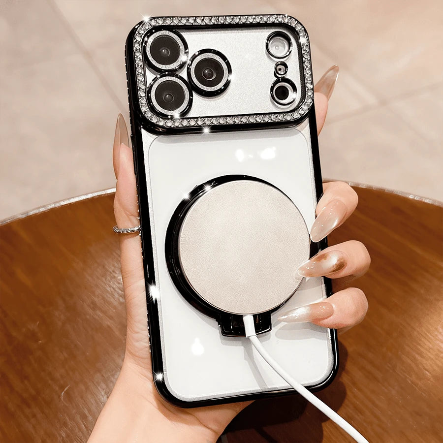 Luxury Shiny Diamond Lens Protection Phone Case With Glitter Makeup Mirror & Kickstand, High-Quality Shock-Proof Frame Back Cover Compatible With IPhone 17/16E/15/14/13/12/11/X/XS Max/XR/Pro Plus/8/7