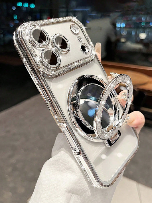 Luxury Shiny Rhinestone Lens Protect PlatingAnti-Drop Case With Shiny Glitter MakeupMirror Ring Holder Bracket Phone Case High Quality Shockproof Bumper BackCover Compatible With IPhone 17 16E 15 14 1