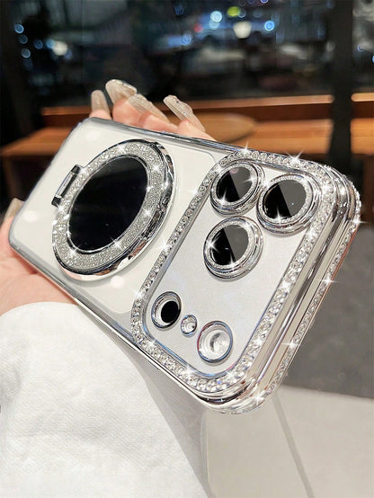 Luxury Shiny Rhinestone Lens Protect PlatingAnti-Drop Case With Shiny Glitter MakeupMirror Ring Holder Bracket Phone Case High Quality Shockproof Bumper BackCover Compatible With IPhone 17 16E 15 14 1