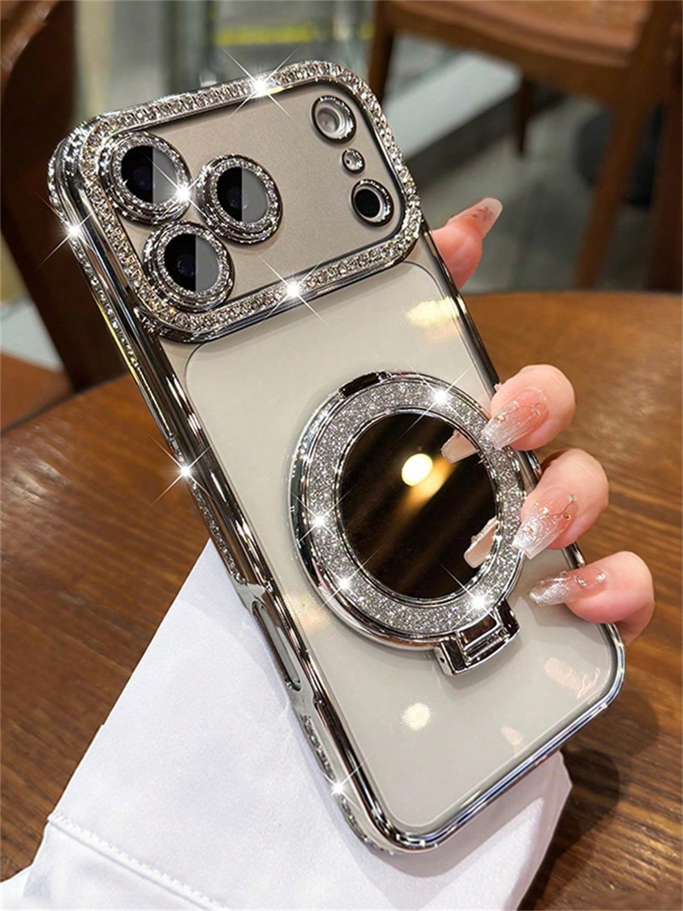 Luxury Shiny Rhinestone Lens Protect PlatingAnti-Drop Case With Shiny Glitter MakeupMirror Ring Holder Bracket Phone Case High Quality Shockproof Bumper BackCover Compatible With IPhone 17 16E 15 14 1