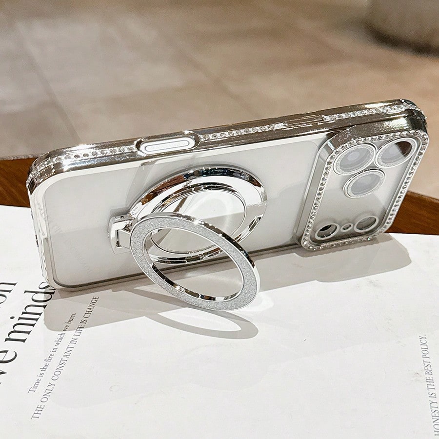 Luxury Shiny Rhinestone Lens Protect PlatingAnti-Drop Case With Shiny Glitter MakeupMirror Ring Holder Bracket Phone Case High Quality Shockproof Bumper BackCover Compatible With IPhone 17 16E 15 14 1