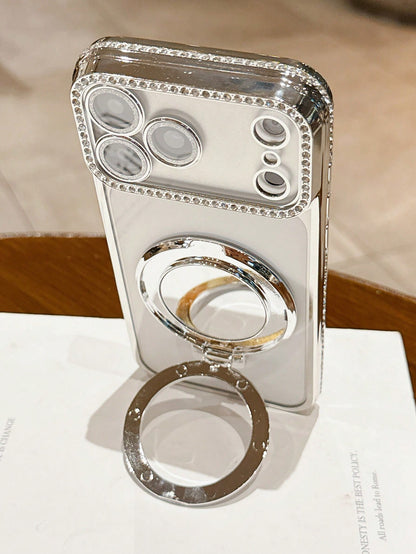 Luxury Shiny Rhinestone Lens Protect PlatingAnti-Drop Case With Shiny Glitter MakeupMirror Ring Holder Bracket Phone Case High Quality Shockproof Bumper BackCover Compatible With IPhone 17 16E 15 14 1
