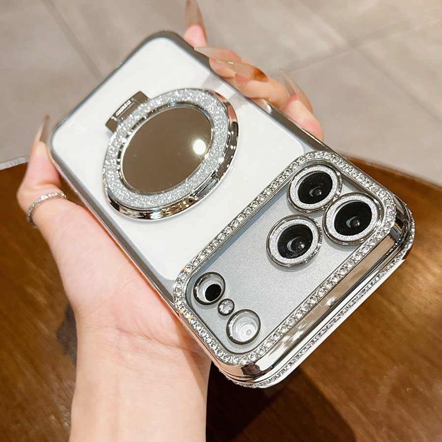 Luxury Shiny Rhinestone Lens Protect PlatingAnti-Drop Case With Shiny Glitter MakeupMirror Ring Holder Bracket Phone Case High Quality Shockproof Bumper BackCover Compatible With IPhone 17 16E 15 14 1