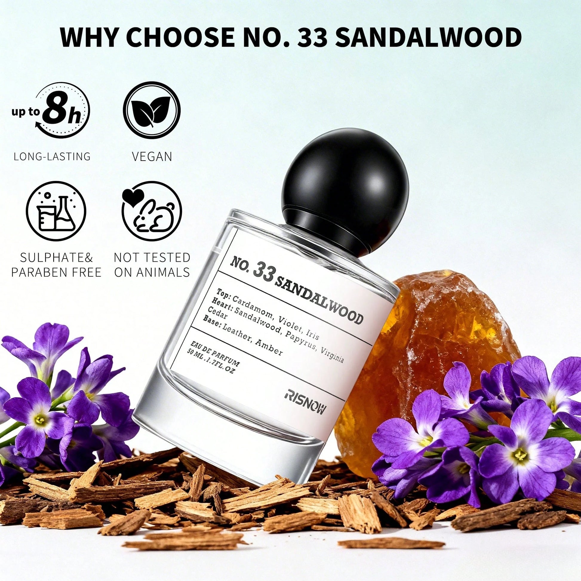Luxury Woody Scent: RISNOW NO. 33 Sandalwood Perfume- Rich Leather & Amber Notes, Long Lasting Unisex EDP 1.7 Fl.Oz Long Lasting Daily Fragrance Perfect Gift Choice For Lovers And Friends On Hallowee