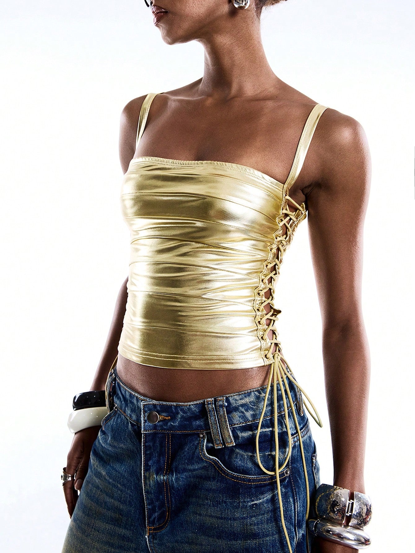 LYSMO Women's Gold Shimmer PU Leather Lace-Up Camisole,Minimalism Summer Y2k Party Crop Top,Side Eyelet Design Fitted Tank Tops,Spring Vest Outfits