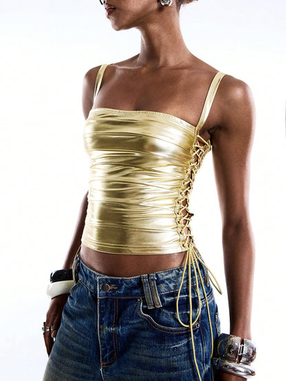 LYSMO Women's Gold Shimmer PU Leather Lace-Up Camisole,Minimalism Summer Y2k Party Crop Top,Side Eyelet Design Fitted Tank Tops,Spring Vest Outfits