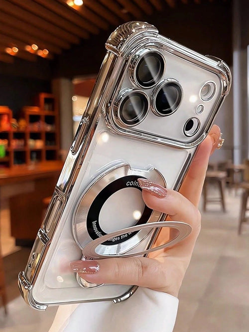 Magnetic Plated Silver Stand Phone Case With Camera Lens Protector & Magnetic Kickstand Compatible With 17/17 Air/17 Pro/17 Pro Max, 16/16 Pro/16e/16 Plus/16 Pro Max, 15 Pro Max/15 Pro/15 Plus/15, 14