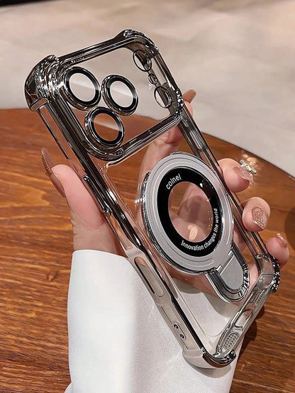 Magnetic Plated Silver Stand Phone Case With Camera Lens Protector & Magnetic Kickstand Compatible With 17/17 Air/17 Pro/17 Pro Max, 16/16 Pro/16e/16 Plus/16 Pro Max, 15 Pro Max/15 Pro/15 Plus/15, 14