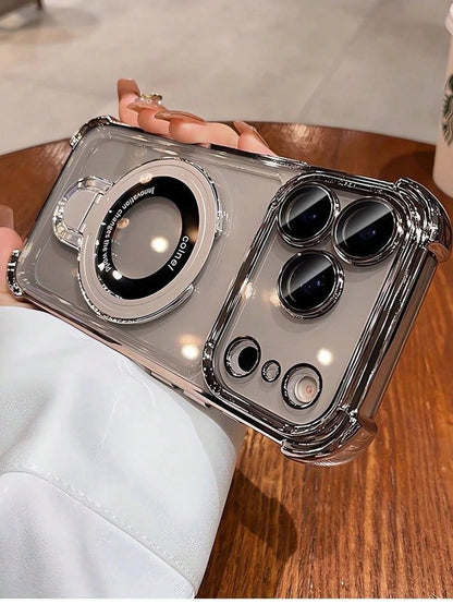 Magnetic Plated Silver Stand Phone Case With Camera Lens Protector & Magnetic Kickstand Compatible With 17/17 Air/17 Pro/17 Pro Max, 16/16 Pro/16e/16 Plus/16 Pro Max, 15 Pro Max/15 Pro/15 Plus/15, 14