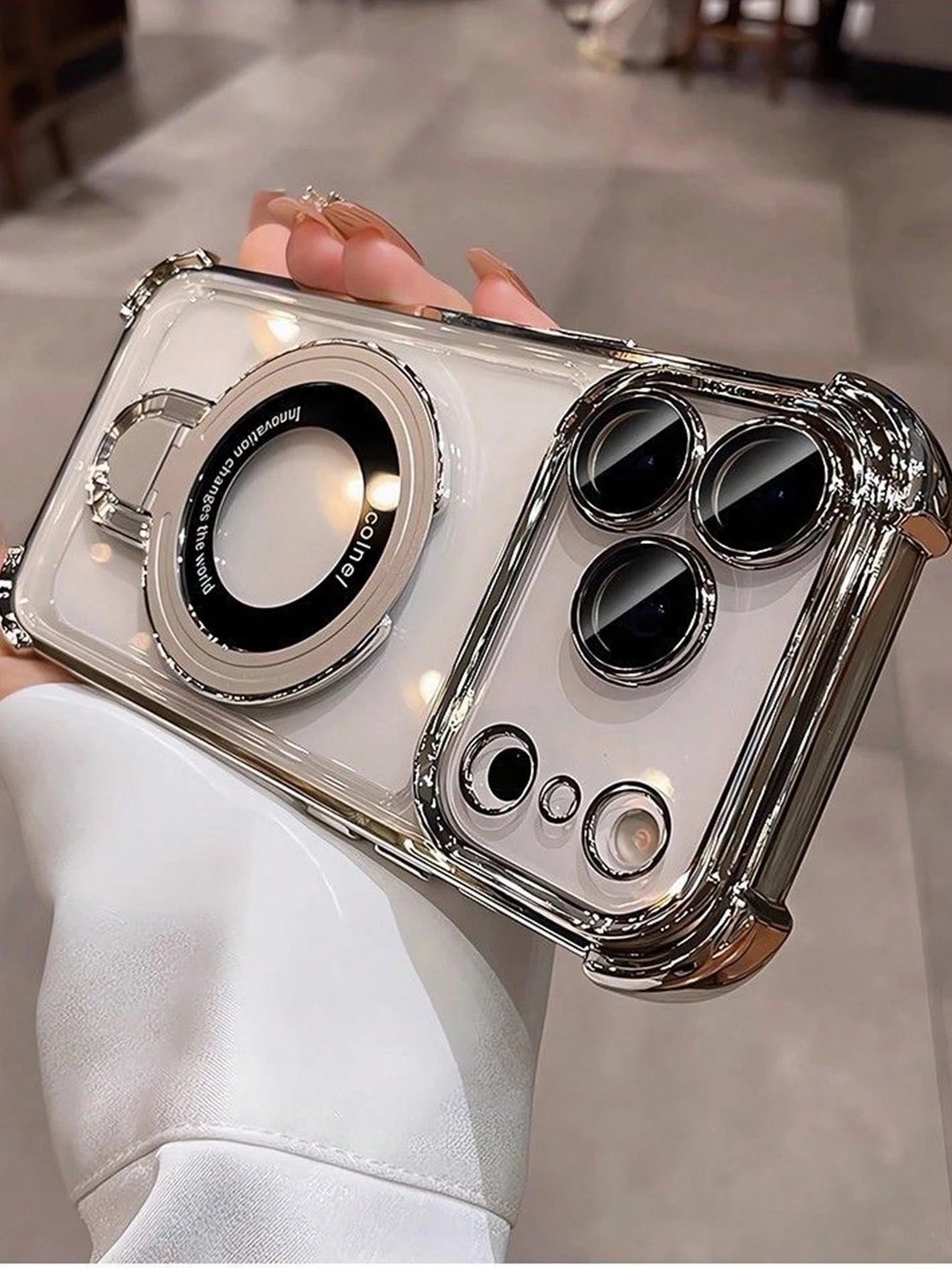 Magnetic Plated Silver Stand Phone Case With Camera Lens Protector & Magnetic Kickstand Compatible With 17/17 Air/17 Pro/17 Pro Max, 16/16 Pro/16e/16 Plus/16 Pro Max, 15 Pro Max/15 Pro/15 Plus/15, 14