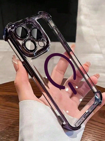 Magnetic Shockproof Electroplated Transparent Basic Phone Premium Case (Lens Protector Included) 1pc Four-Corner Anti-Fall New Phone Case Compatible With Apple 17 Pro Max/16 Pro Max/15/14 Pro/13/12/11
