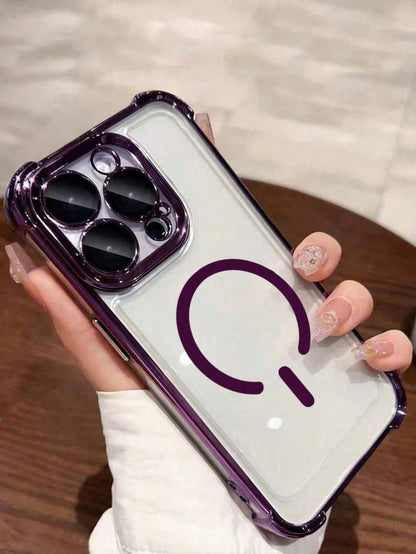 Magnetic Shockproof Electroplated Transparent Basic Phone Premium Case (Lens Protector Included) 1pc Four-Corner Anti-Fall New Phone Case Compatible With Apple 17 Pro Max/16 Pro Max/15/14 Pro/13/12/11