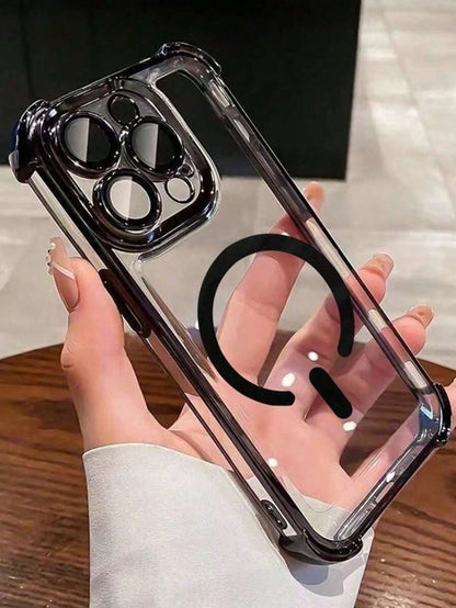 Magnetic Shockproof Electroplated Transparent Basic Phone Premium Case (Lens Protector Included) 1pc Four-Corner Anti-Fall New Phone Case Compatible With Apple 17 Pro Max/16 Pro Max/15/14 Pro/13/12/11