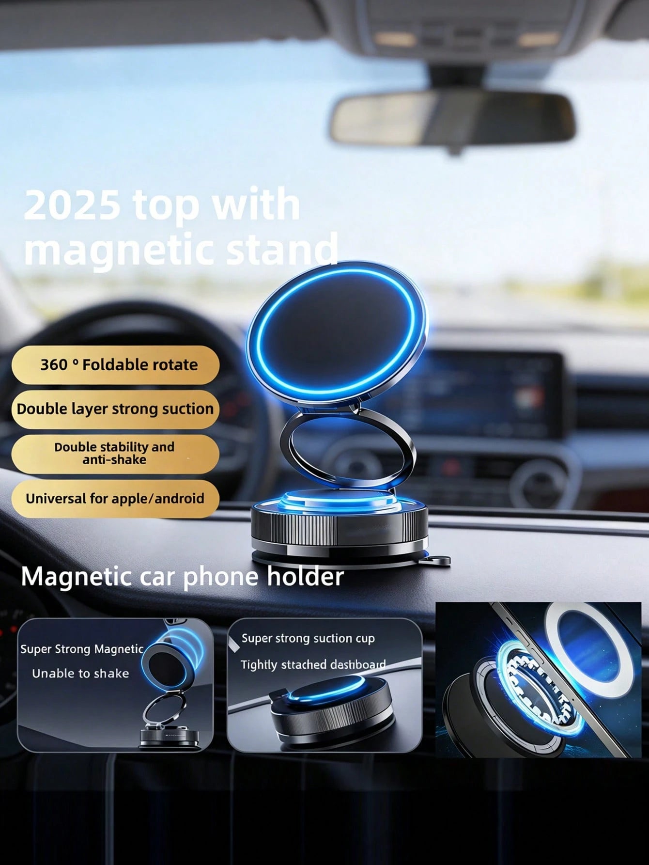 Magnetic Suction Vacuum Car Phone Holder, 98+ Lbs Super Strong Suction And 2400 Gauss Magnetic Force, 360° Rotatable Foldable Phone Stand For Car/Office/Kitchen, Suitable For IPhone And Android Phones