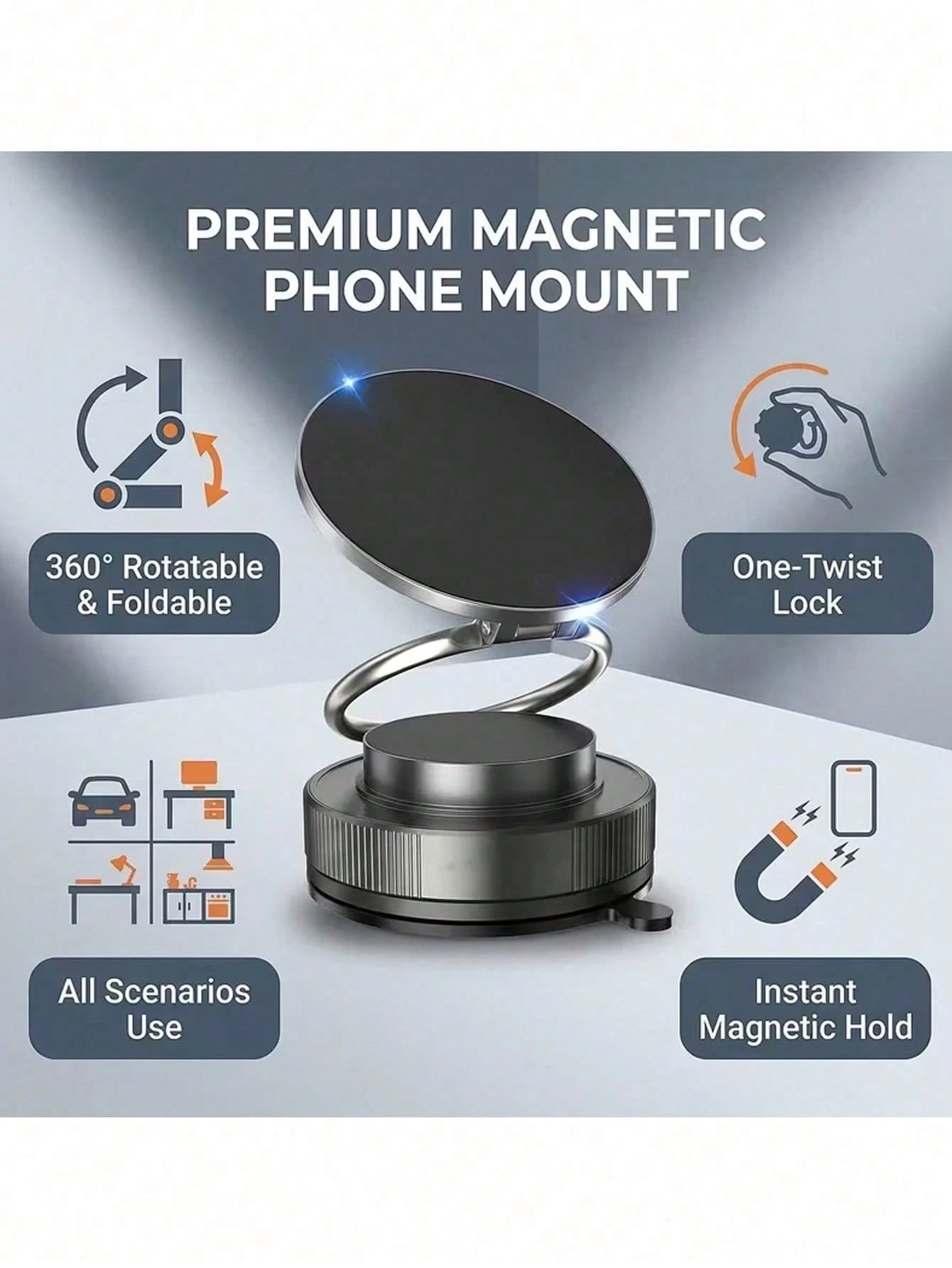 Magnetic Suction Vacuum Car Phone Holder, 98+ Lbs Super Strong Suction And 2400 Gauss Magnetic Force, 360° Rotatable Foldable Phone Stand For Car/Office/Kitchen, Suitable For IPhone And Android Phones