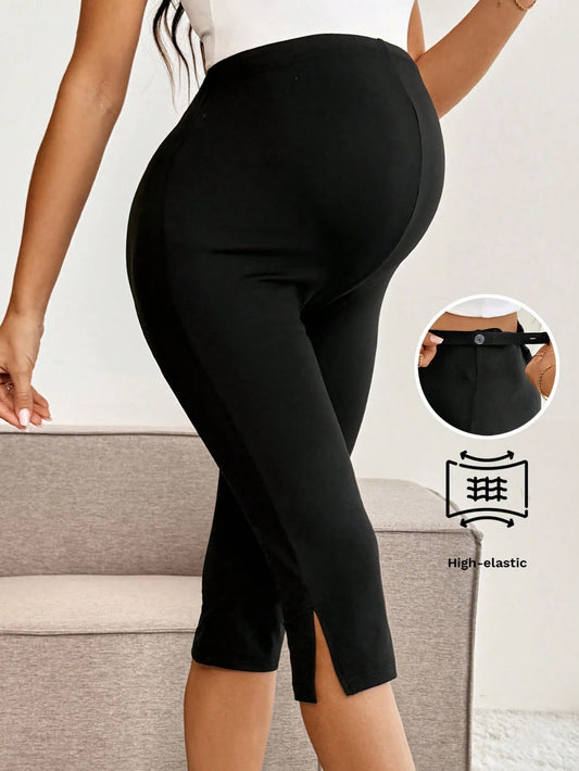 Maternity Solid Color Adjustable Waist Slit Hem Casual Cropped Leggings Maternity Leggings Pregnancy Pants Pregnancy Clothing Pregnancy Black Summer