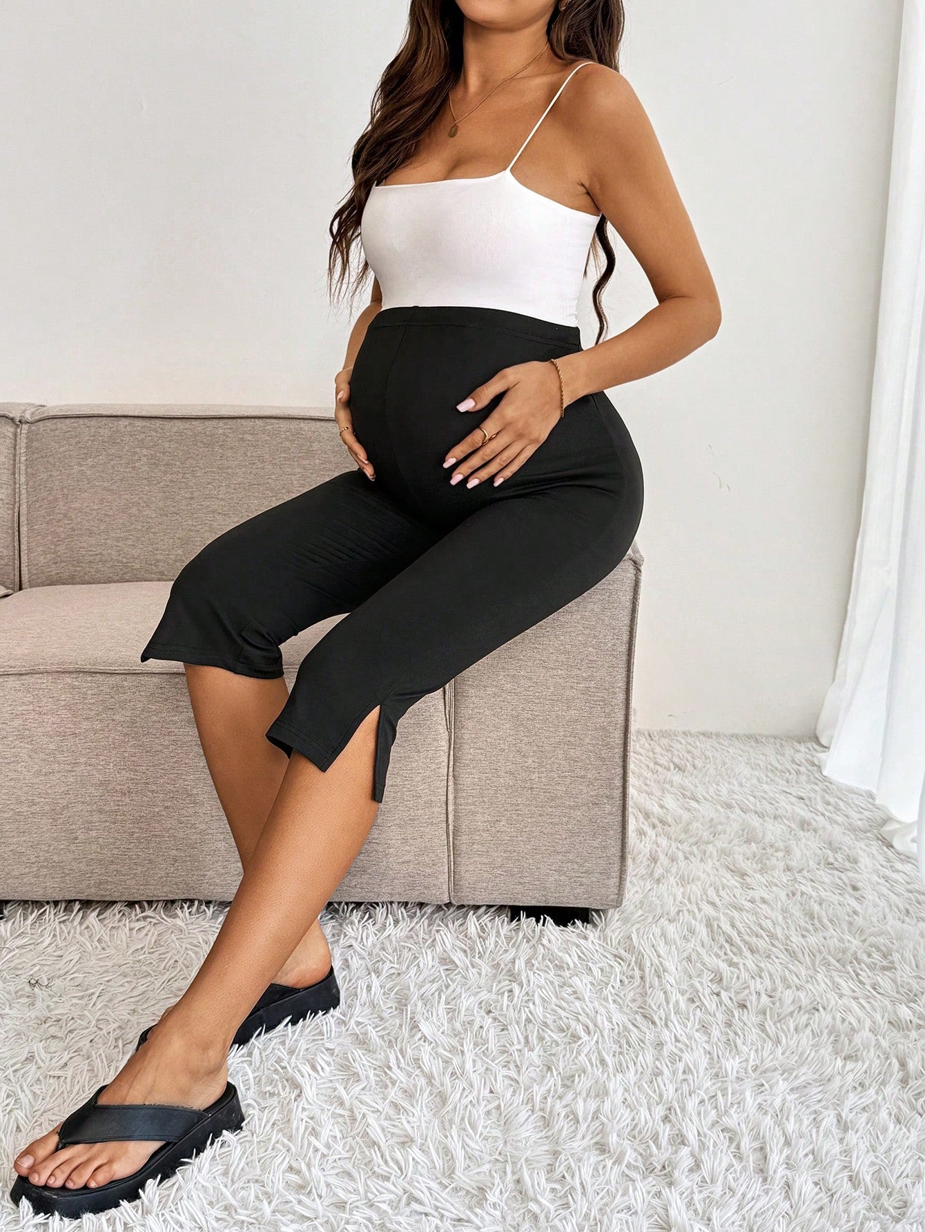 Maternity Solid Color Adjustable Waist Slit Hem Casual Cropped Leggings Maternity Leggings Pregnancy Pants Pregnancy Clothing Pregnancy Black Summer