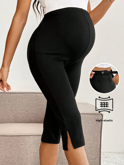 Maternity Solid Color Adjustable Waist Slit Hem Casual Cropped Leggings Maternity Leggings Pregnancy Pants Pregnancy Clothing Pregnancy Black Summer