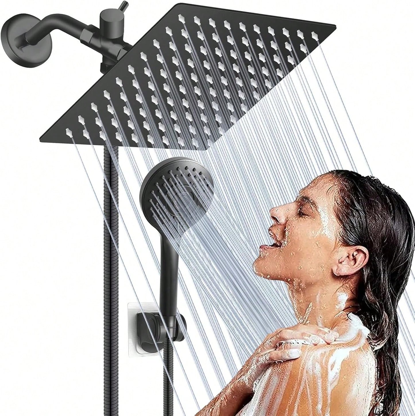 Matte Black/Polished Sliver Shower Head Combination, 8-Inch High-Pressure Showerhead, 5 Handheld Shower Head Combinations With Different Settings,With Hose,Without Extension Armfor Bathroom,Hotel