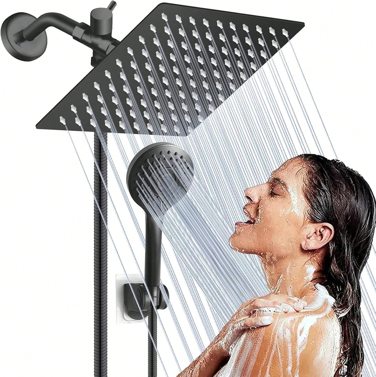 Matte Black/Polished Sliver Shower Head Combination, 8-Inch High-Pressure Showerhead, 5 Handheld Shower Head Combinations With Different Settings,With Hose,Without Extension Armfor Bathroom,Hotel