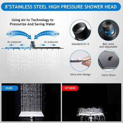 Matte Black/Polished Sliver Shower Head Combination, 8-Inch High-Pressure Showerhead, 5 Handheld Shower Head Combinations With Different Settings,With Hose,Without Extension Armfor Bathroom,Hotel