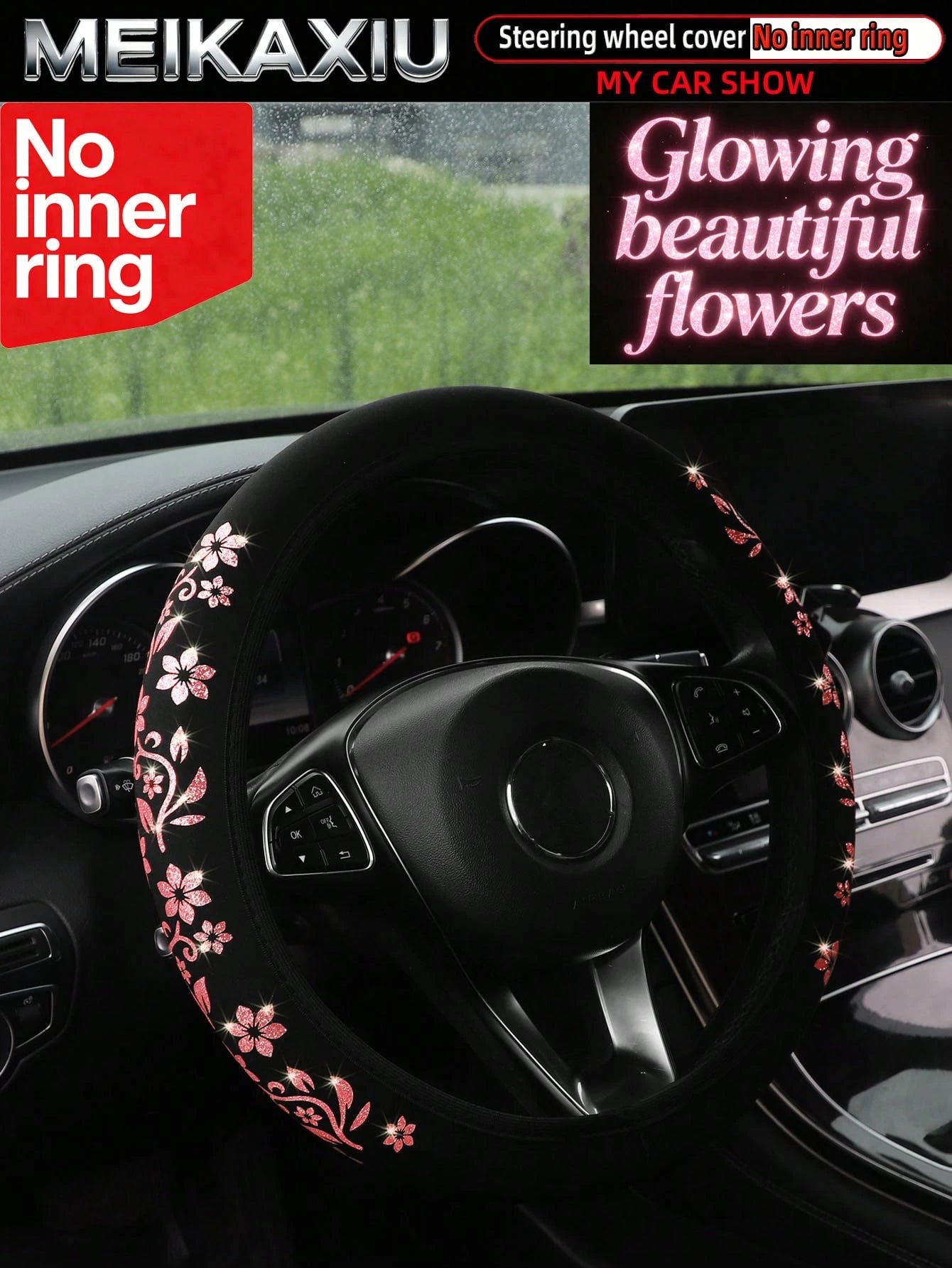 MEIKAXIU 1pc Gold Foil Glitter Small Flower Blingbling Diving Fabric Car Steering Wheel Cover Without Inner Ring, Suitable For 37-38cm, For Women