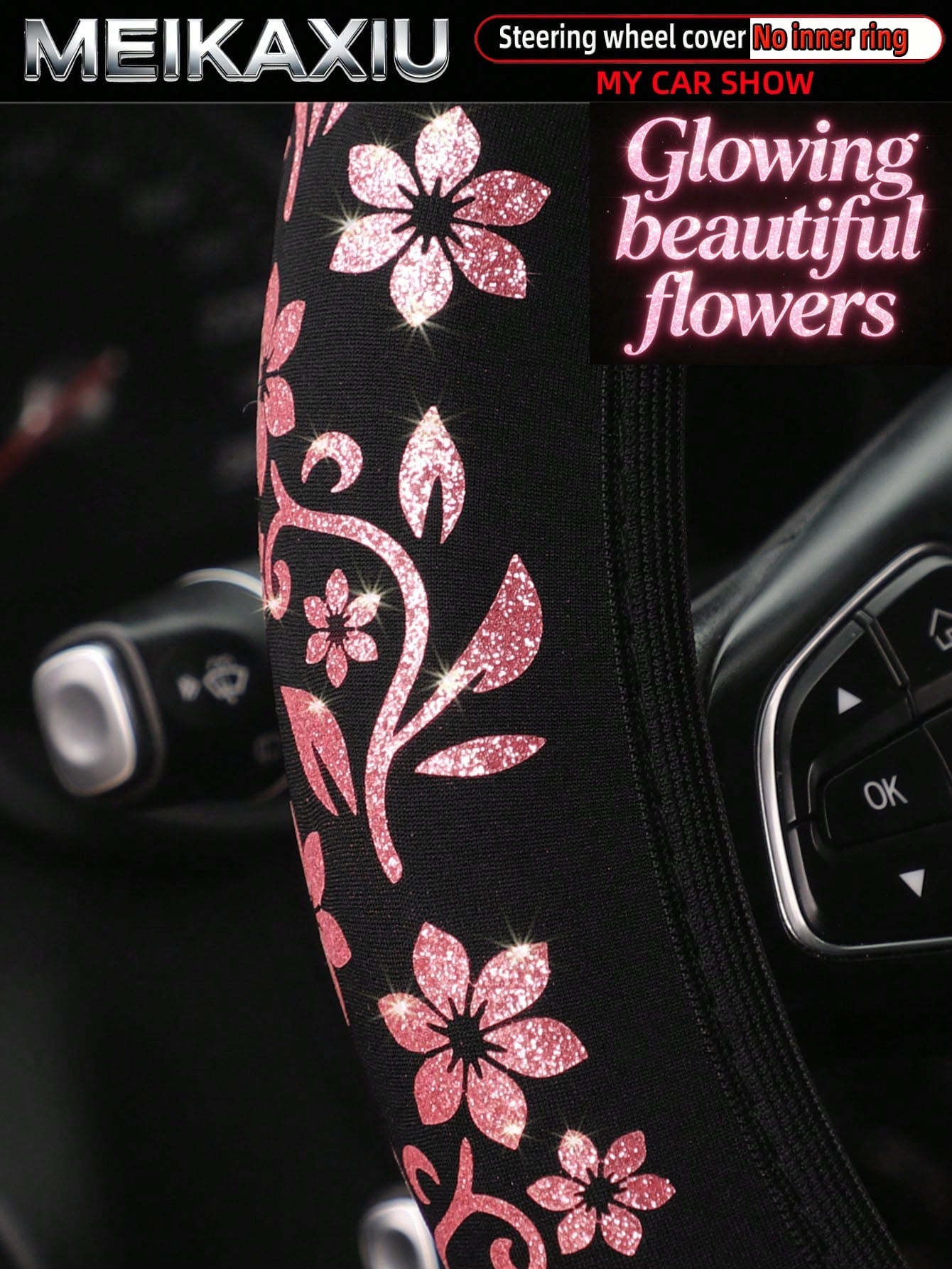 MEIKAXIU 1pc Gold Foil Glitter Small Flower Blingbling Diving Fabric Car Steering Wheel Cover Without Inner Ring, Suitable For 37-38cm, For Women