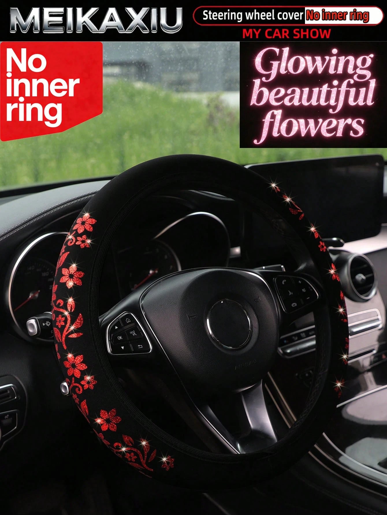 MEIKAXIU 1pc Gold Foil Glitter Small Flower Blingbling Diving Fabric Car Steering Wheel Cover Without Inner Ring, Suitable For 37-38cm, For Women