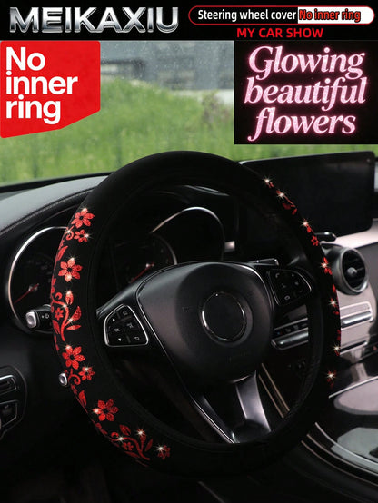 MEIKAXIU 1pc Gold Foil Glitter Small Flower Blingbling Diving Fabric Car Steering Wheel Cover Without Inner Ring, Suitable For 37-38cm, For Women