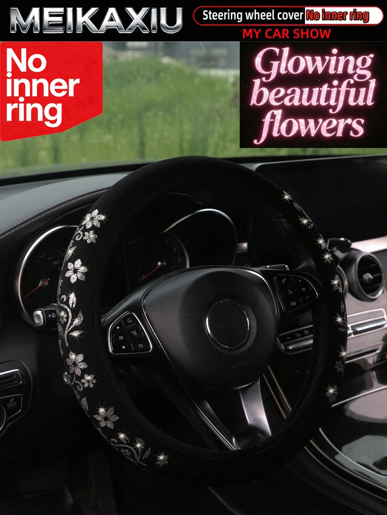 MEIKAXIU 1pc Gold Foil Glitter Small Flower Blingbling Diving Fabric Car Steering Wheel Cover Without Inner Ring, Suitable For 37-38cm, For Women