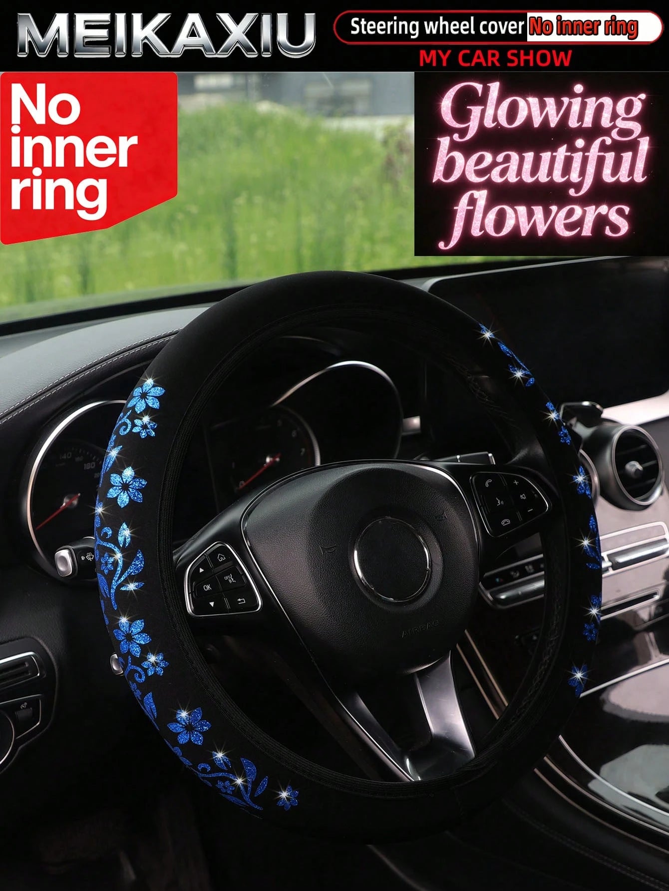 MEIKAXIU 1pc Gold Foil Glitter Small Flower Blingbling Diving Fabric Car Steering Wheel Cover Without Inner Ring, Suitable For 37-38cm, For Women