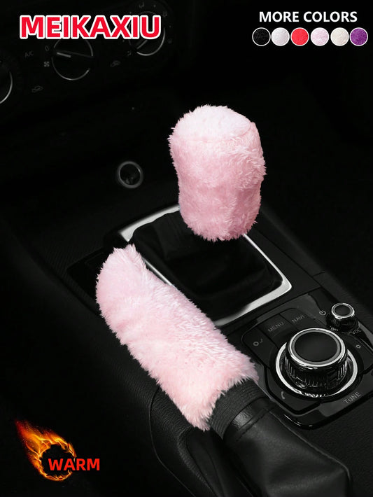 MEIKAXIU 2pcs/Set Winter Plush Hand Brake Cover & Gear Shift Knob Sleeve Set, Soft Comfortable Car Interior Accessories, Suitable For Manual Transmission, Colors: Black, Red, Pink, Gray, Beige, Purple