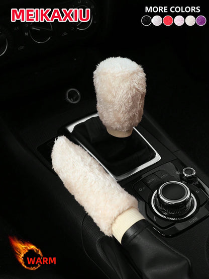 MEIKAXIU 2pcs/Set Winter Plush Hand Brake Cover & Gear Shift Knob Sleeve Set, Soft Comfortable Car Interior Accessories, Suitable For Manual Transmission, Colors: Black, Red, Pink, Gray, Beige, Purple