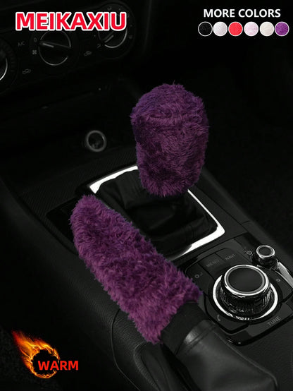 MEIKAXIU 2pcs/Set Winter Plush Hand Brake Cover & Gear Shift Knob Sleeve Set, Soft Comfortable Car Interior Accessories, Suitable For Manual Transmission, Colors: Black, Red, Pink, Gray, Beige, Purple