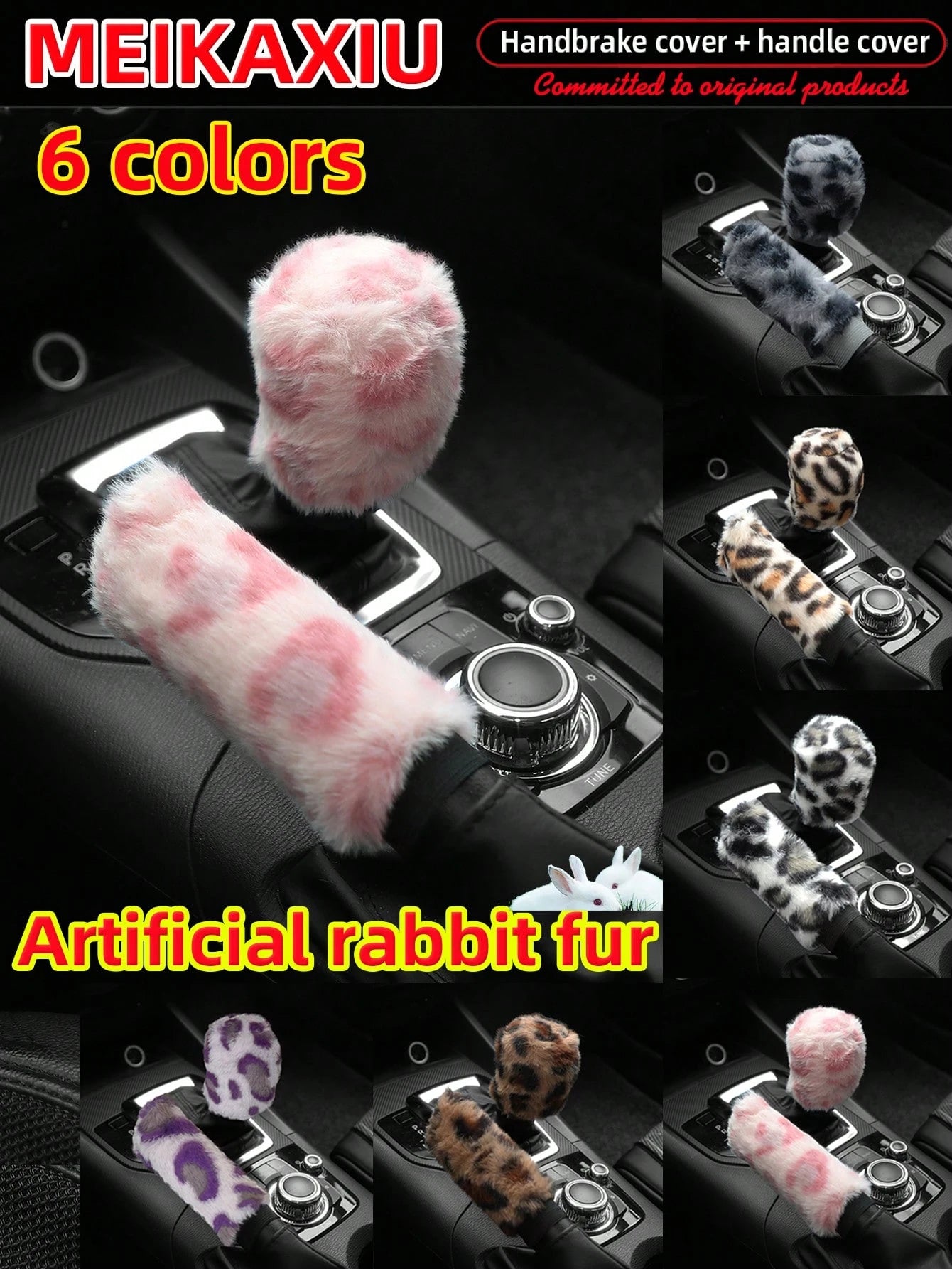 MEIKAXIU 2pcs Soft Faux Rabbit Fur Leopard Print Car Handbrake Cover & Gear Shift Knob Cover, Universal For Manual Transmission, Comfortable Car Accessories For Women,Cheetah Print Car Stuff