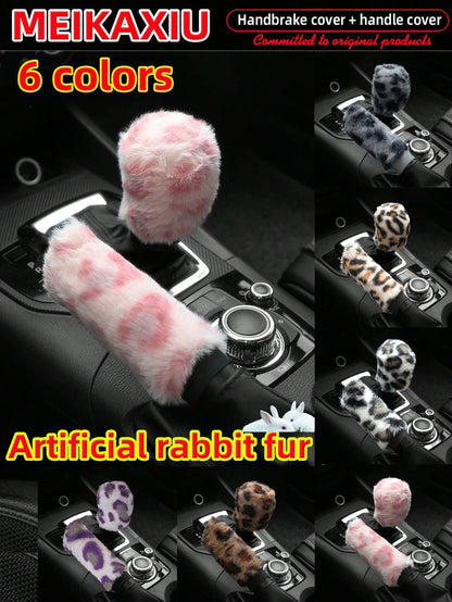 MEIKAXIU 2pcs Soft Faux Rabbit Fur Leopard Print Car Handbrake Cover & Gear Shift Knob Cover, Universal For Manual Transmission, Comfortable Car Accessories For Women,Cheetah Print Car Stuff