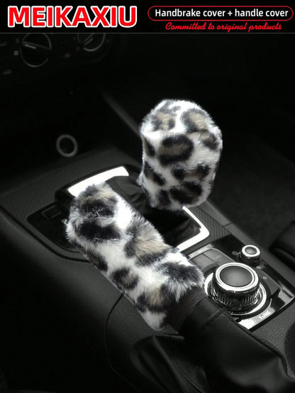 MEIKAXIU 2pcs Soft Faux Rabbit Fur Leopard Print Car Handbrake Cover & Gear Shift Knob Cover, Universal For Manual Transmission, Comfortable Car Accessories For Women,Cheetah Print Car Stuff