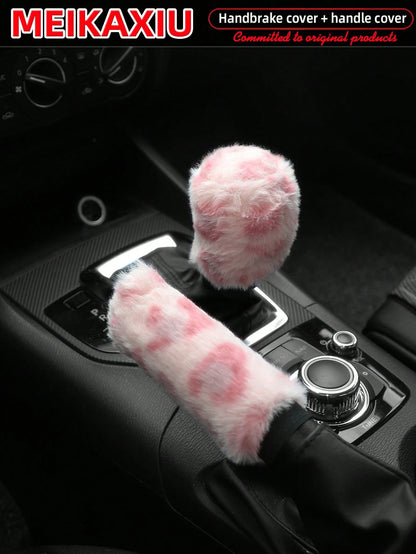 MEIKAXIU 2pcs Soft Faux Rabbit Fur Leopard Print Car Handbrake Cover & Gear Shift Knob Cover, Universal For Manual Transmission, Comfortable Car Accessories For Women,Cheetah Print Car Stuff
