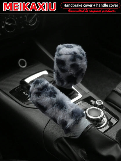 MEIKAXIU 2pcs Soft Faux Rabbit Fur Leopard Print Car Handbrake Cover & Gear Shift Knob Cover, Universal For Manual Transmission, Comfortable Car Accessories For Women,Cheetah Print Car Stuff