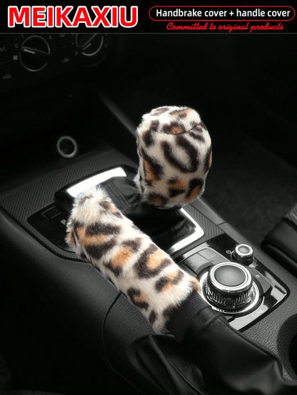 MEIKAXIU 2pcs Soft Faux Rabbit Fur Leopard Print Car Handbrake Cover & Gear Shift Knob Cover, Universal For Manual Transmission, Comfortable Car Accessories For Women,Cheetah Print Car Stuff