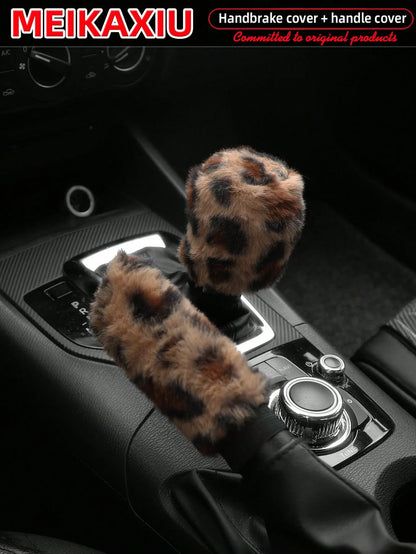 MEIKAXIU 2pcs Soft Faux Rabbit Fur Leopard Print Car Handbrake Cover & Gear Shift Knob Cover, Universal For Manual Transmission, Comfortable Car Accessories For Women,Cheetah Print Car Stuff