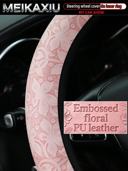 MEIKAXIU New PU Leather Carving Steering Wheel Cover, Fits 14.5-15 Inch Cars, Decorative Accessories, Suitable For Women
