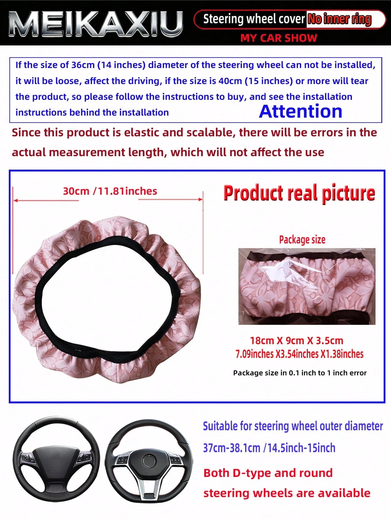 MEIKAXIU New PU Leather Carving Steering Wheel Cover, Fits 14.5-15 Inch Cars, Decorative Accessories, Suitable For Women
