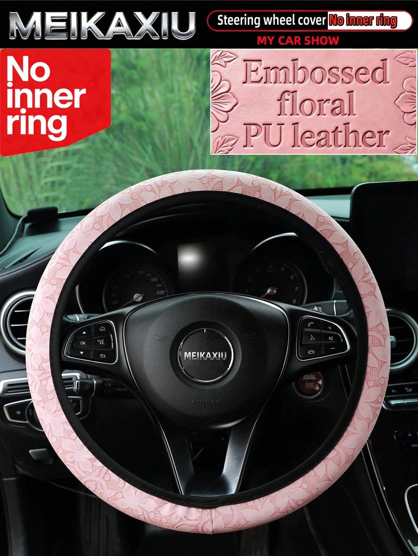 MEIKAXIU New PU Leather Carving Steering Wheel Cover, Fits 14.5-15 Inch Cars, Decorative Accessories, Suitable For Women