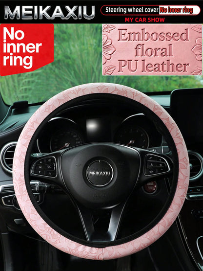 MEIKAXIU New PU Leather Carving Steering Wheel Cover, Fits 14.5-15 Inch Cars, Decorative Accessories, Suitable For Women