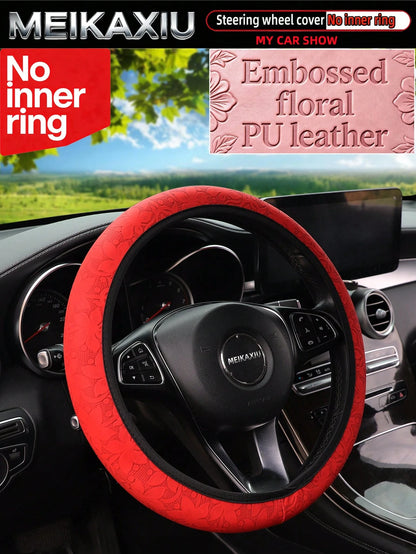 MEIKAXIU New PU Leather Carving Steering Wheel Cover, Fits 14.5-15 Inch Cars, Decorative Accessories, Suitable For Women