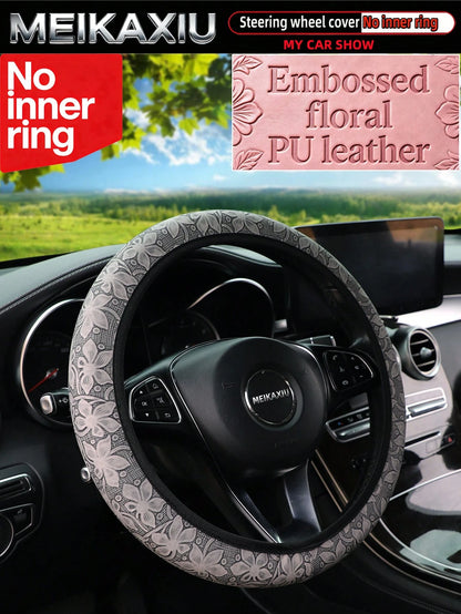 MEIKAXIU New PU Leather Carving Steering Wheel Cover, Fits 14.5-15 Inch Cars, Decorative Accessories, Suitable For Women