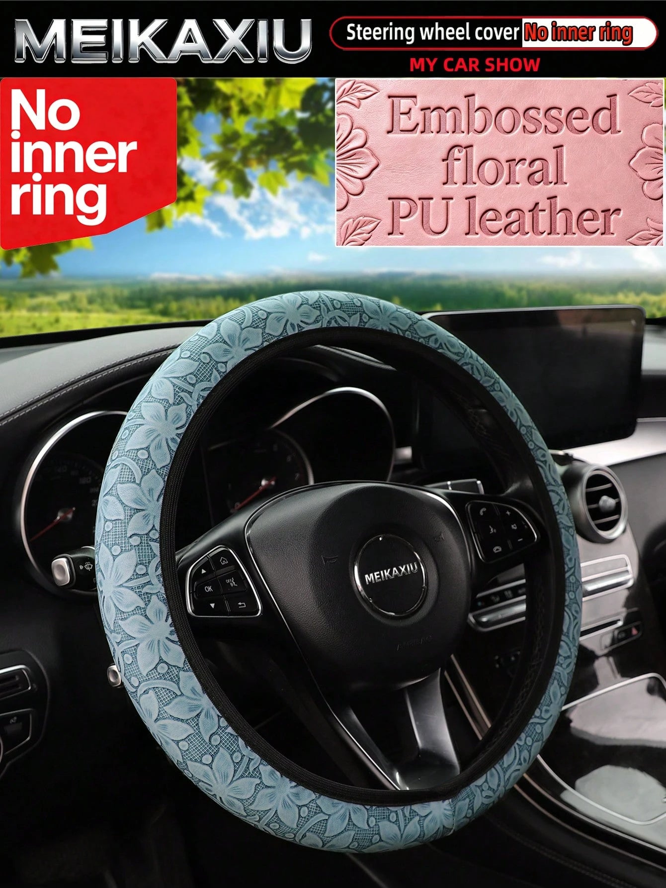 MEIKAXIU New PU Leather Carving Steering Wheel Cover, Fits 14.5-15 Inch Cars, Decorative Accessories, Suitable For Women