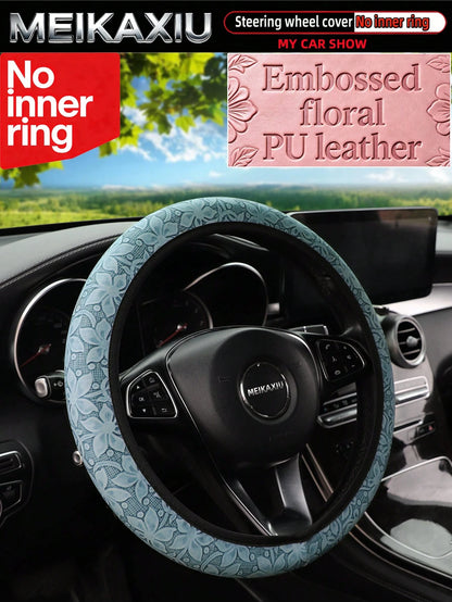 MEIKAXIU New PU Leather Carving Steering Wheel Cover, Fits 14.5-15 Inch Cars, Decorative Accessories, Suitable For Women