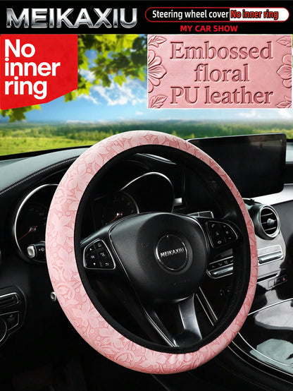 MEIKAXIU New PU Leather Carving Steering Wheel Cover, Fits 14.5-15 Inch Cars, Decorative Accessories, Suitable For Women